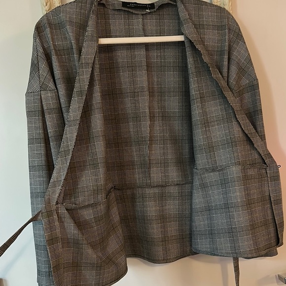 ZARA | Black and White Checkered Wrap Blouse Top Blazer with Puff Sleeves - Picture 9 of 16